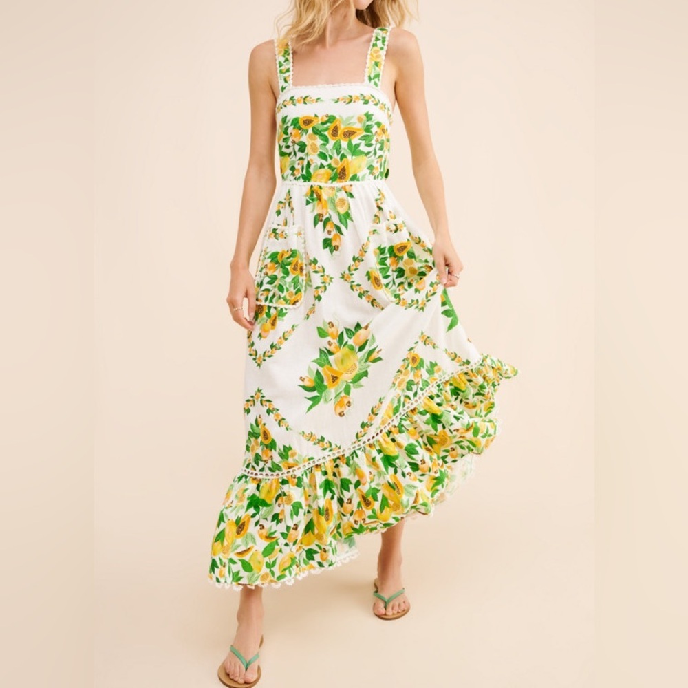 FARM Rio Linen Papaya Salad Scarf Maxi Dress Vibrant Floral Size XS